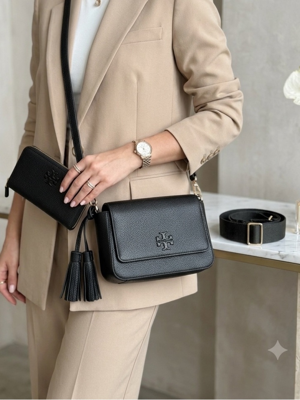 Tory Burch Black Pebbled Leather Crossbody Flap Bag with Matching Long Wallet